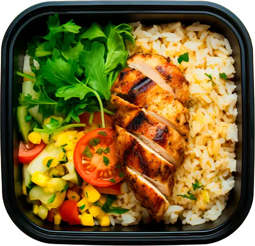 marmita saborosa com proteinas, legumes e arroz soltinho